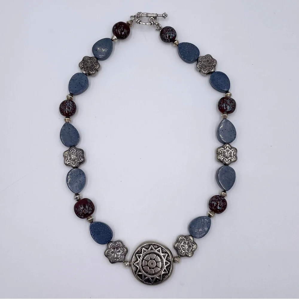 Silver Blue Natural Stone Beaded Statement Pendant Necklace Artsy Unique Boho
